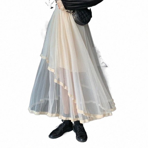 

skirts skirts elegant tulle women irregular mesh mid-length skirt spring summer korean elasticity high waist tutu female f4u9#, Black