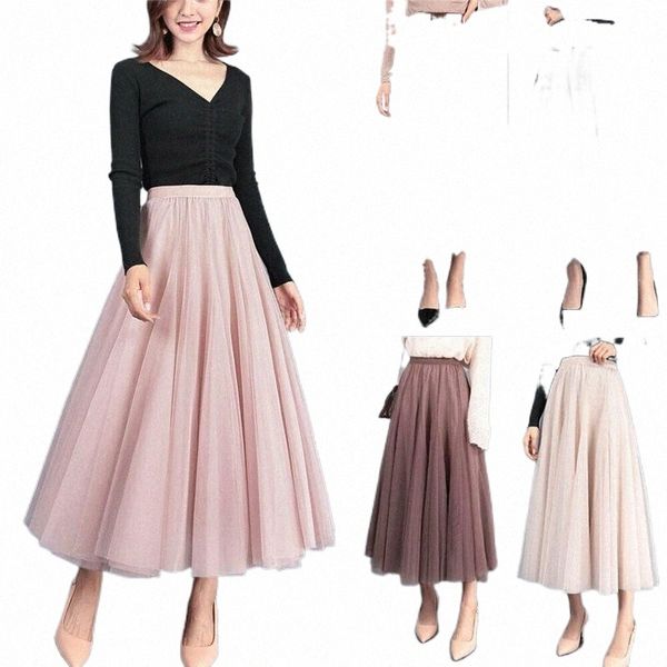

skirts skirts korean style tulle women 2022 spring summer a-line midi elastic high waist tutu pleated for school girls k5e3#, Black