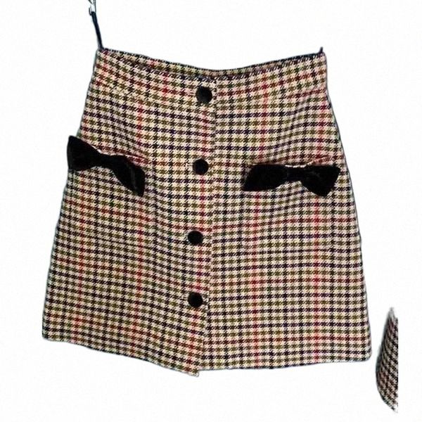 

skirts skirts women winter 2022 autumn wool classical plaid a-line bowknot single breasted vintage short skirt sweet y7zs#, Black
