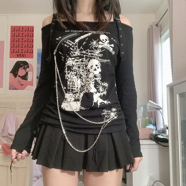 

women s t shirt y2k dark academia grunge t shirt with chain e girl gothic skull graphic print pullover tees vintage harajuku emo alt sweats, White
