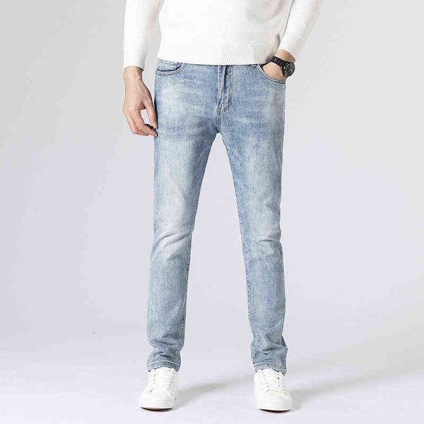 

men's jeans summer thin elastic slim fitting small leg straight tube high-end fashion brand long pants, Blue