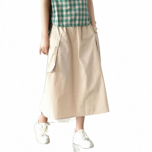 

skirts summer women skirt fashion elastic waist loose big pocket casual ladies brierf solid color all-match skirts e8rm#, Black