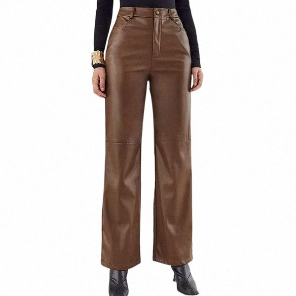 

women's pants & capris women's pants & capris women faux leather solid color pockets straight wide leg leggings slim fit trousers, Black;white