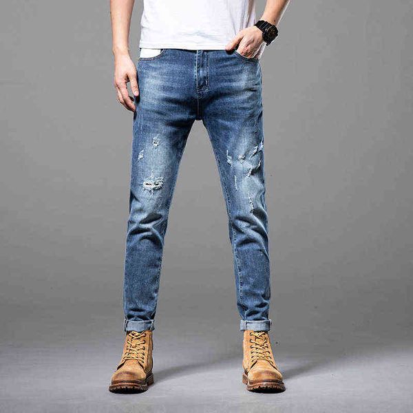 

jeans blue men's fashion brand summer slim fit little feet youth elastic washed casual pants zichao