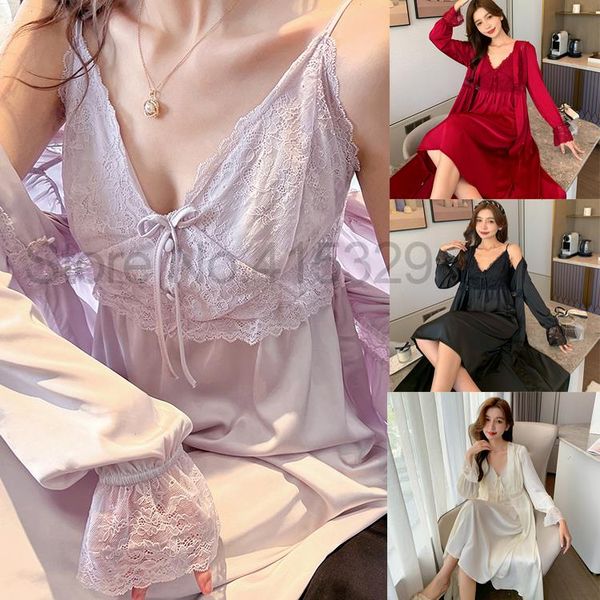 

casual kimono sleepwear robe set nightwear homewear bathrobe gown long, Black;red