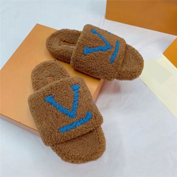

womens slippers designer fur slides sandal ladies wool sliders winter warm plush fluffy furry luxurious shoes eu42, Black