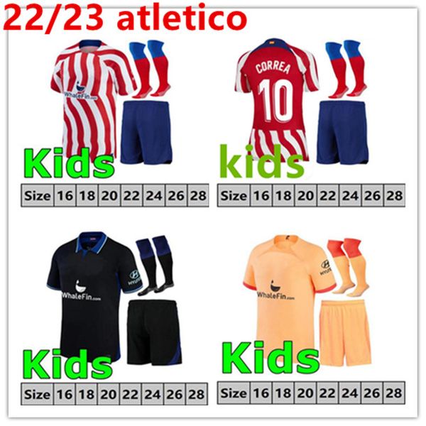 

boys atletico madrids joao felix soccer jerseys 22 23 morata griezmann 2022 2023 m. llorente correa cunha camiseta football shirts kids kit, Black