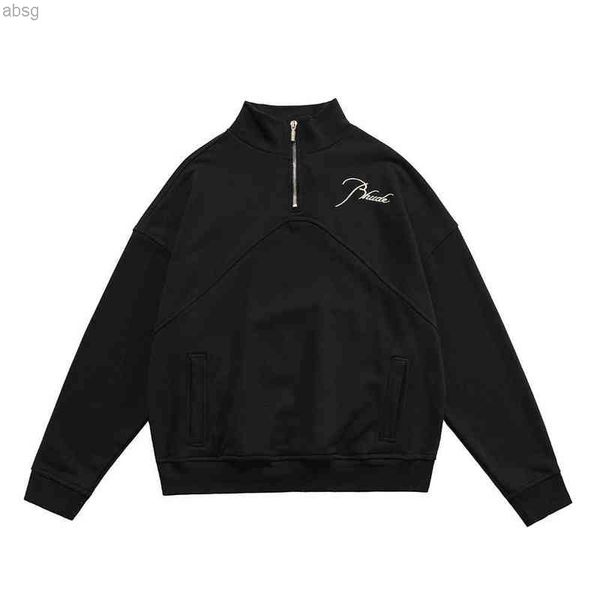 

hoodie meichao rhude autumn winter stand collar half zip embroidery stitching thin terry men's sweater 1w1, Black