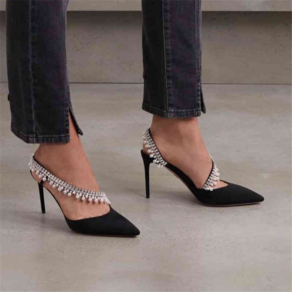 

boots string bead crystal women high heels shoes woman spring summer 2022 stiletto sandals elegant ladies wedding mary janes new 220903, Black