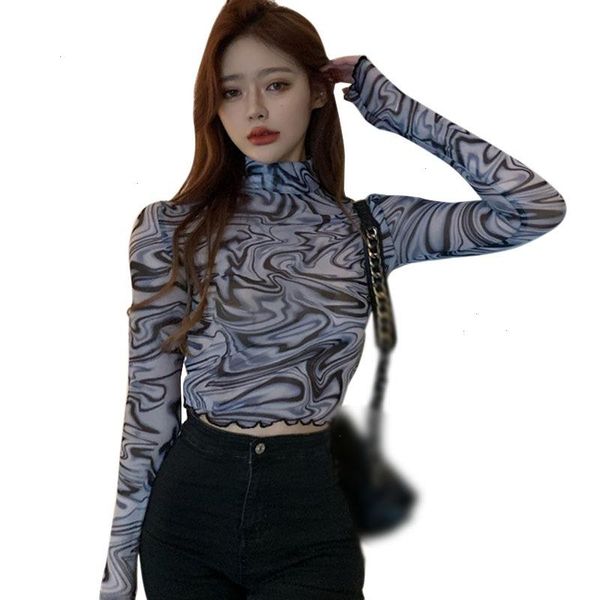 

women transparents ruffles hems mesh print long sleeve crop t shirts, White