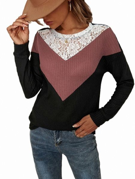 

women's t-shirt colorblock chevron print contrast lace tee 71ju#, White