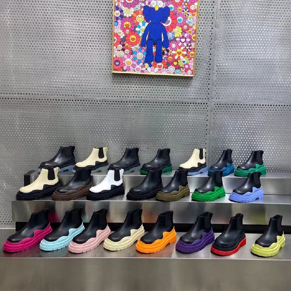 

brand luxury women boots platform mid calf candy color elatic band slip on thick sole genuine leather ladies, Black