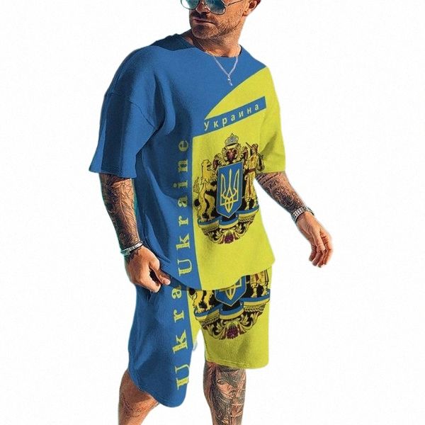 

men's tracksuits men's tracksuits summer men's suit ukraine flag 3d printing ladies fashion retro personalityt-shirt shorts 2, Gray