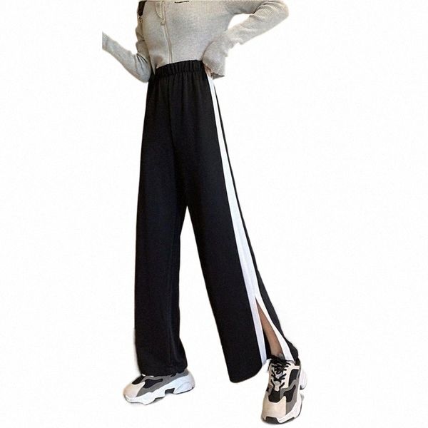 

women's pants & capris korean fashion side-striped wide leg pants creative split black blue women's casual high waist lady summer, Black;white