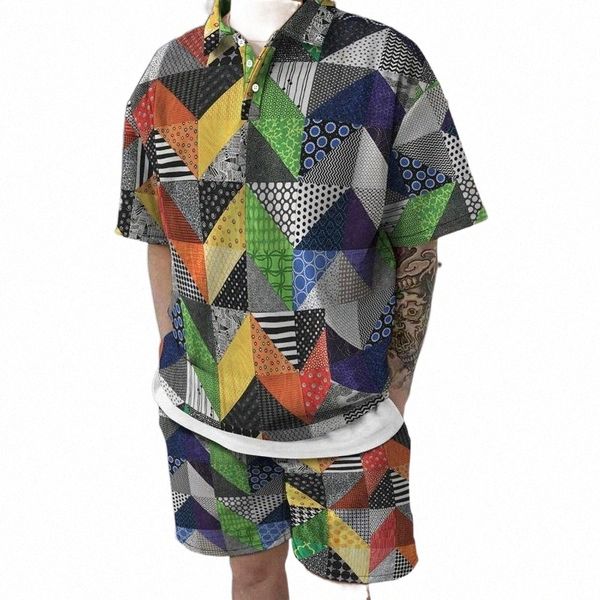 

men's tracksuits men's tracksuits 3d digital printing colorful rhombus pattern trend clothing 2022 summer button short-sleeved bea, Gray