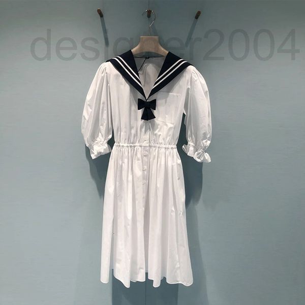 

casual dresses designer miu white dress navy collar bubble sleeve long shirt skirt sweet college new summer style peiy, Black;gray