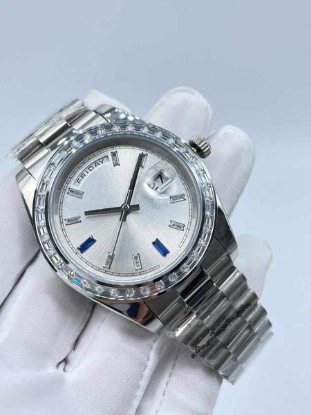 

men's watch 41mm daydate automatic mechanical full stainless steel strap mens watches diamond bezel fashion sports man wristwatches men, Slivery;brown