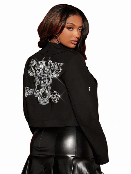 

women's jackets sxy rhinestone skull & letter graphic zipper pocket jacket a4dh#, Black;brown