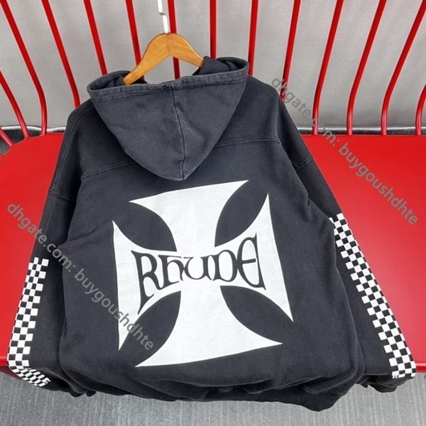 

oversized washed print rhude hoodie men women hooded loose pullover sweatshirtsre11, Black