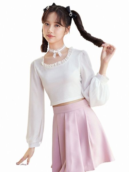 

women's t-shirt romwe kawaii solid frill ribbed tee a5a5#, White