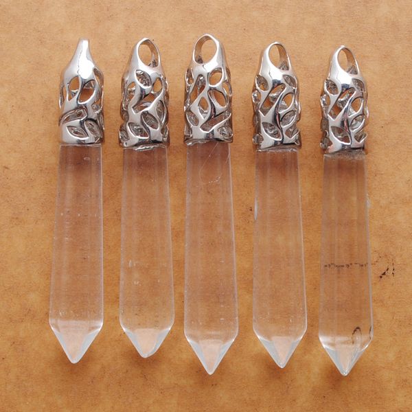 

quartz natural stone reiki healing pendulum hexagonal pointed reiki pillar charm pendants for necklace n3017, Silver