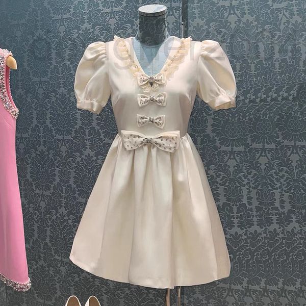 

casual dresses designer miu acetic acid dress french princess dress lace bow sweet temperament short sleeved skirt summer new miao 5zyy, Black;gray