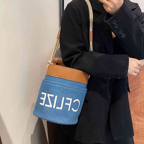

messenger bags drawstring bucket bag women's 2022 new denim sling shoulder letter rope belt crossbody bag handbags
