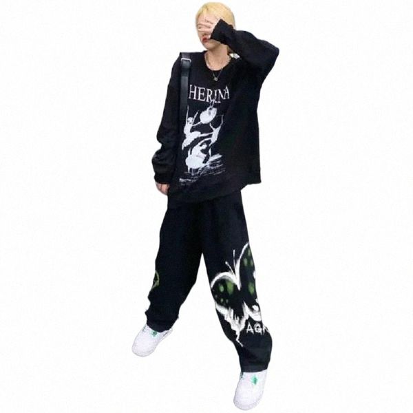 

women's pants & capris women's pants & capris retro high waist wide leg sports loose butterfly print size streetwear clothes strai, Black;white