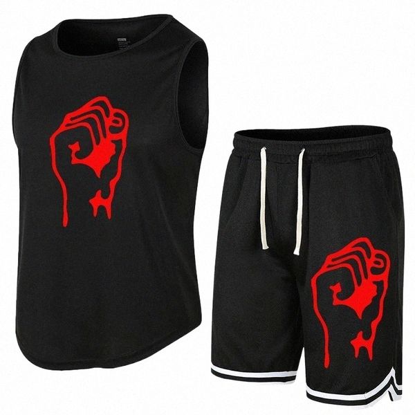 

men's tracksuits men's tracksuits summer sleeveless t-shirt set men quick dry tank shorts male fitness competition training vest w, Gray