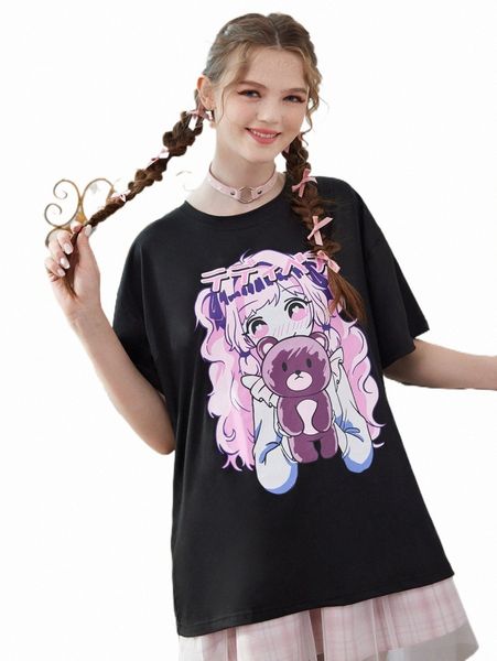 

women's t-shirt romwe anime cartoon figure graphic tee o22c#, White