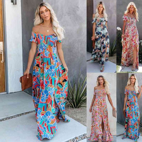 

casual dresses spring and summer pleated off shoulder split dress ins casual holiday loose large skirt dl78, Black;gray