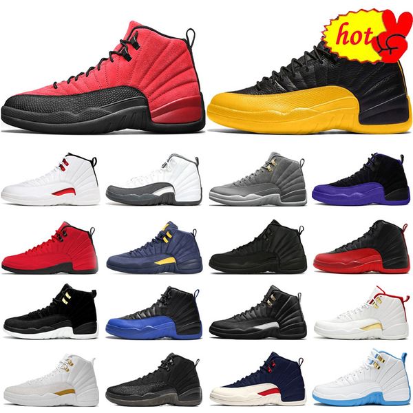 

boots 12s men basketball shoes jumpman 12 university gold blue dark concord indigo twist reverse flu game royal playoffs mens trainers sport, Black
