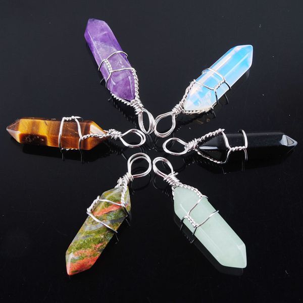 

natural gem stone beads pendant hexagonal pointed reiki chakra wire wrapped charm jewelry bn306, Silver