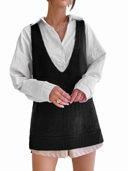 

women's sweaters 1pc plunging neck sweater vest i4h8#, White;black