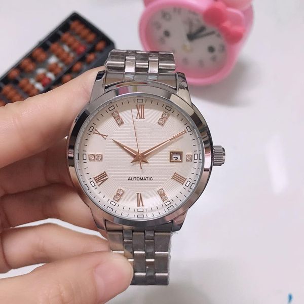 

stylish men's watch three pin automatic mechanical watch stainless steel strap display calendar simple wind, Slivery;brown
