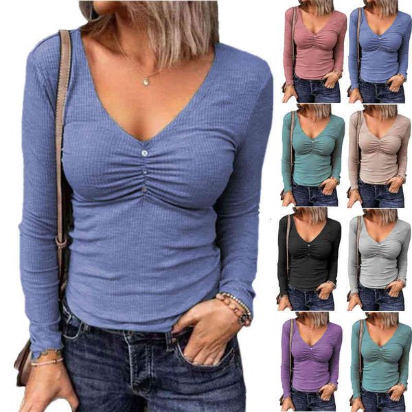 

women's hoodies sweatshirts autumn winter pit strip solid color slim fit v-neck long sleeve women's t-shirt nzv2, Black
