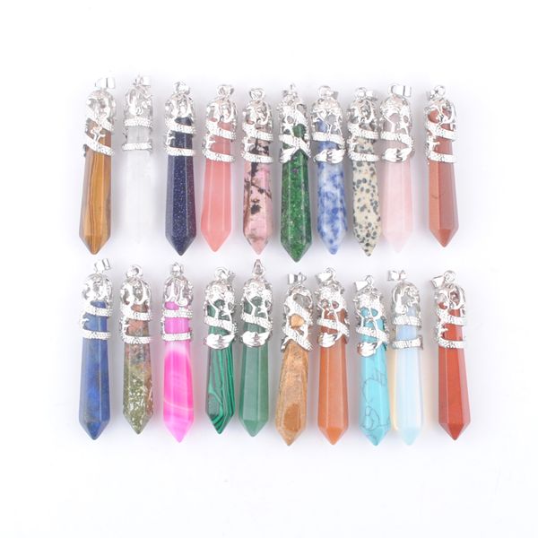 

myth dragon wrapped pendants natural stone amethysts quartz lapis lazuli opal jewelry diy suspension charms amulet bn460, Silver