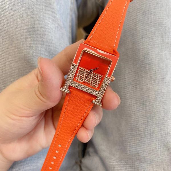 

fashion orange alphabet square watch high-end quartz movement pointer luxury design leather strap diamond watch, Slivery;golden