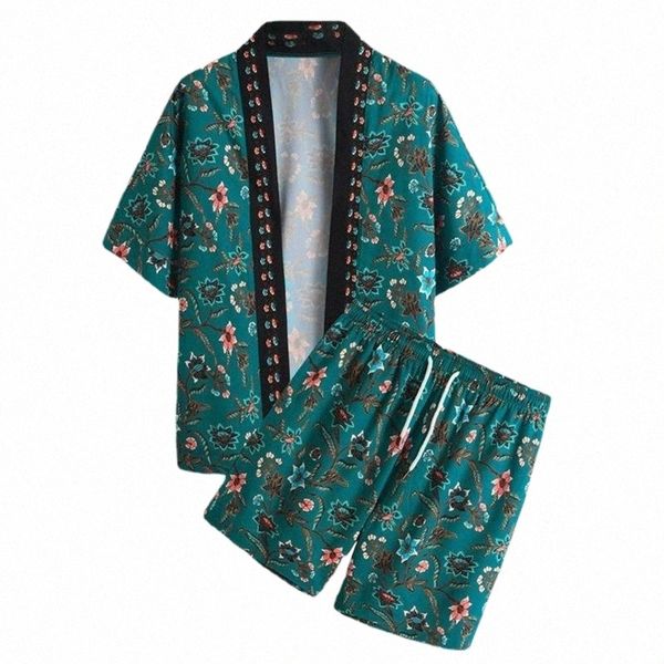 

men's tracksuits men's tracksuits mew 2022 floral printed pattern lounge sets kimono and knee length shorts casual loungewear for, Gray