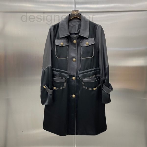 

women's leather & faux designer autumn and winter 2021 new acetate fabric sheep skin leather medium long windbreaker women's coat, Black