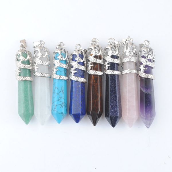 

dragon tribe natural pendant stone hexagonal crystal totem quartz prism ethnic hanging jewelry for women men bn460, Silver