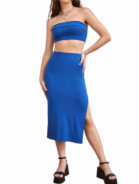 

two piece dress solid crop tube & split thigh skirt c3aq#, White