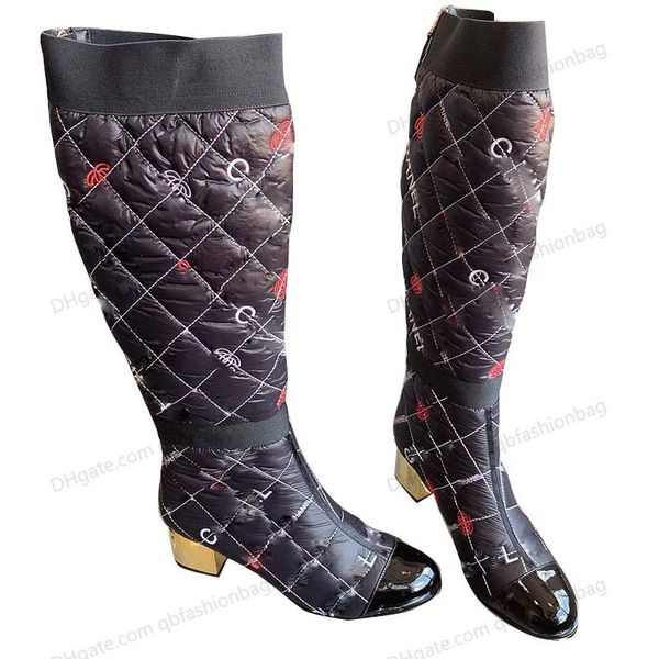 

womens knee boots embroidered black pocket letter waterproof zippers designer quilted texture chelsea matelasse cloth low heel 5cm rainboots