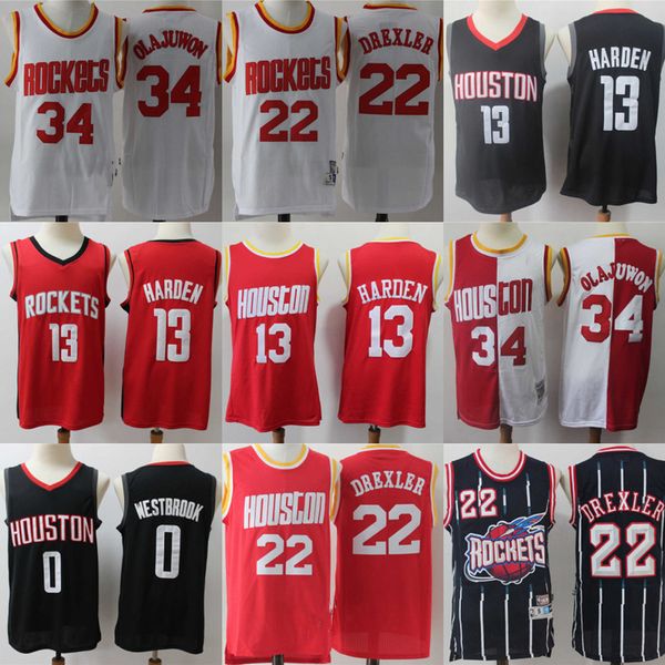 

basketball jerseys houston''rockets''men jersey hakeem 34 olajuwon clyde 13 james harden 0 russell westbrook 22 drexler, Black;red