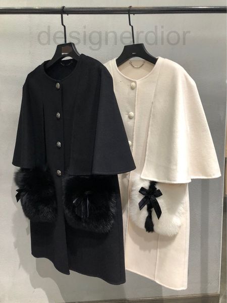 

women's jackets designer f family 2022 autumn winter new fur pocket temperament long cashmere cloak coat, Black;brown