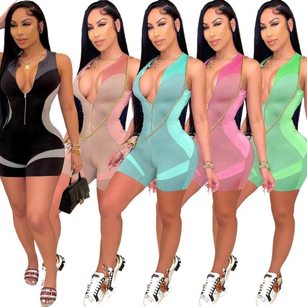

women's jumpsuits rompers womens fashion sleeveless jumpsuits slim printed skinny v neck zipper one piece vest biker shorts rompers bod, Black;white