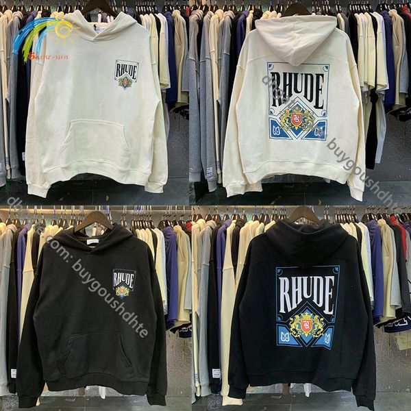 

rhude hoodie men women 1 1 card printing loose casual sweatshirts black light apricot autumn winter fashion rhude pulloversre11