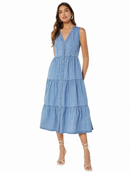 

casual dresses blues button front ruffle hem denim dress w7i5#, Black;gray