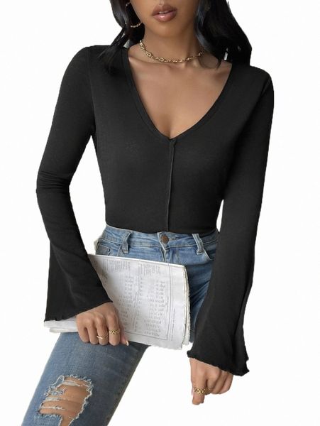 

women's t-shirt v neck bell sleeve tee 2022 new 79cc#, White