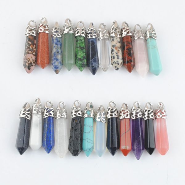 

natural stone pendant female male jewelry opal quartz turquoise hexagonal pillar pendulum charms jewellery bn468, Silver